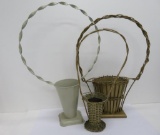 Three funeral baskets, wicker and metal, 24