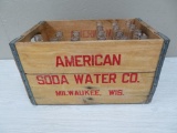 American Soda Water Co MIiwaukee soda crate and 17 red and white pyro bottles
