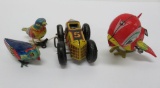 Tin litho wind up and key wind birds and race car