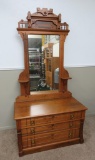 Large ornate walnut dresser, three drawer with mirror