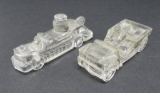 Two glass candy containers, Fire Engine and Jeep, 4 1/4