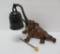 Bronze patina elephant holding bell, hammer sits inside elephant mouth, marked on bottom
