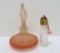 Two lovely pink glass perfume bottles, Czech with figural woman stopper and one with pink jeweled