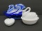 Three covered dishes, two Westmoreland swans and bird