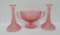 Depression style glass diamond pattern, candlesticks and center bowl, pink