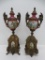 Two ornate Fireplace vases, hand painted porcelain and metal with winged griffons, 14 1/2