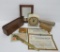 Desk lot with GE clock, slide pencil boxes, Klondike certificates, mirror and letter opener