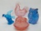 Pink rooster and bunny covered animal dishes, bird and owl figures