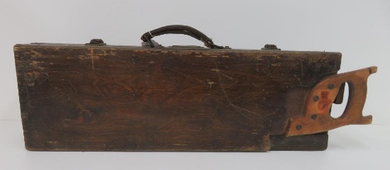 Oak vintage tool box and saw carrier, 28" long