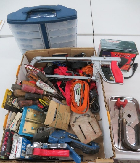 Shop lot, plastic sorter, large magnets, straps, screwdrivers, staple guns, hardware