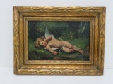 Sleeping Cupid oil onn canvas, signed D. Hensel, framed 16 1/2