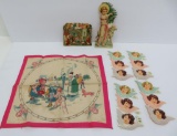 Vintage Christmas hanky with old World Santa and ephemera, angels and Nativity