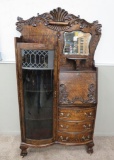 Lovely Oak Curved glass Secretary, drop front desk and mirror, heavily carved, 73 1/2