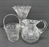 Three pieces of Cambridge or Tiffin, Rose point, pitcher, large vase and ice bucket