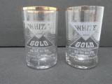 Two White and Gold Beer Glasses, etched, Claussen Brewing Seattle, 3 1/2