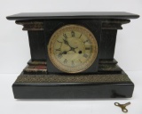 Waterbury Mantle clock, line carving and marbleized look on base, 15 1/2