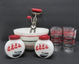 Red and Black vintage kitchen lot, mixing bowl, glasses, range shakers and utensils