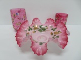 Three lovely hand decorated vases and bowl, pink