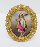 Painted porcelain oval, little milk maid, 3 1/2