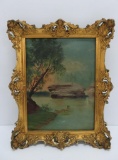 Vintage Oil painting on board, canoe on river, framed 8