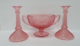 Depression style glass diamond pattern, candlesticks and center bowl, pink