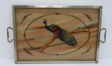 Reverse painted Peacock glass serving tray, 21