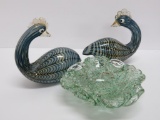 Murano style Venetian art glass birds (pair) and dish