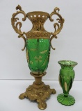 Lovely green and gold glass decorated ewer and lily of the valley vase