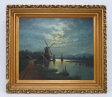 Early Oil on canvas, moonlight scene, lake and windmills, attributed in the style of C Tredupp