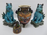 Oriental Foo Dog statues and covered urn