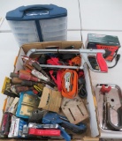 Shop lot, plastic sorter, large magnets, straps, screwdrivers, staple guns, hardware