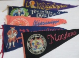 Five vintage felt travel and souvenir pennants, 36