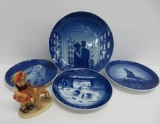 Four Royal Copenhagen and B & G plates and Hummel figurine #136