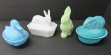 Three covered animal dishes and Rabbit figure, milk glass