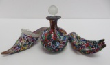 Three KB Murano glass pieces, shoe, cologne and hand, millefiori, all with tags