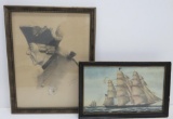 Two military prints, US sailing ship and German
