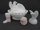 Milk glass covered Eagle dish, Summit Art Glass Eagle and two toothpick holders
