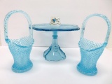 Lovely electric blue pedestal cake plate and two glass baskets