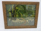 A Shady Nook lithograph of sheep in acorn and leaf frame, 18 1/2