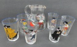 Hand enameled Pitcher and six glasses