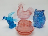 Pink rooster and bunny covered animal dishes, bird and owl figures