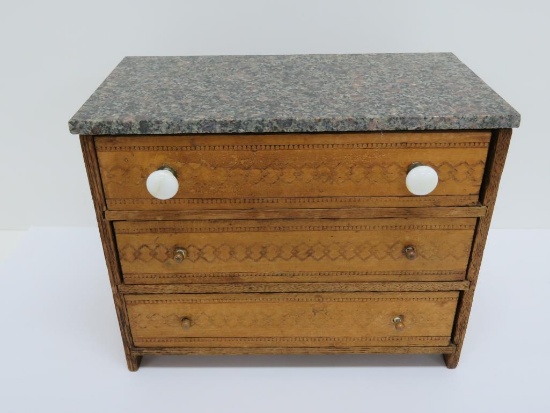 Three drawer doll dresser, press carving on drawers and marble top