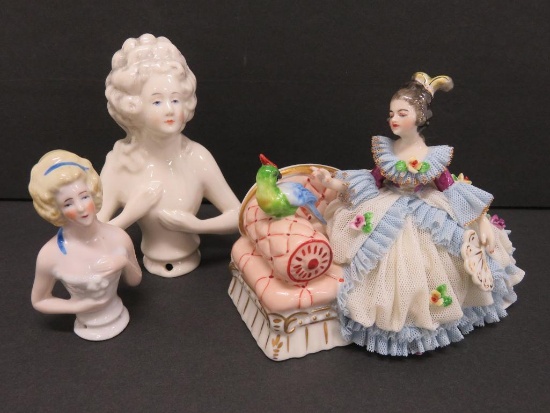 Two pin cushion dolls and Frankenthal figurine
