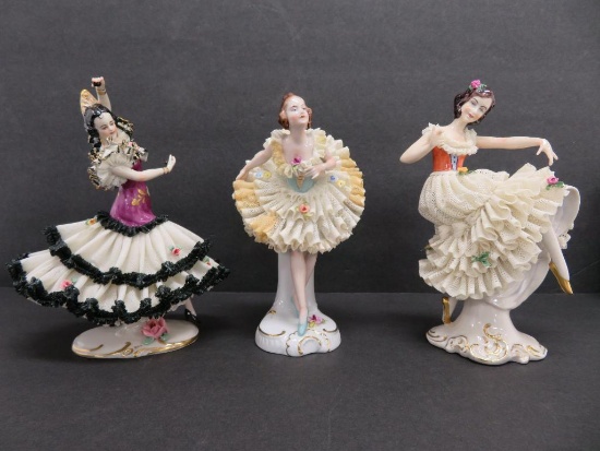 Three Dresden type figurines, ballerina and Flemenco dancers, 7 1/4" and 7 1/2"