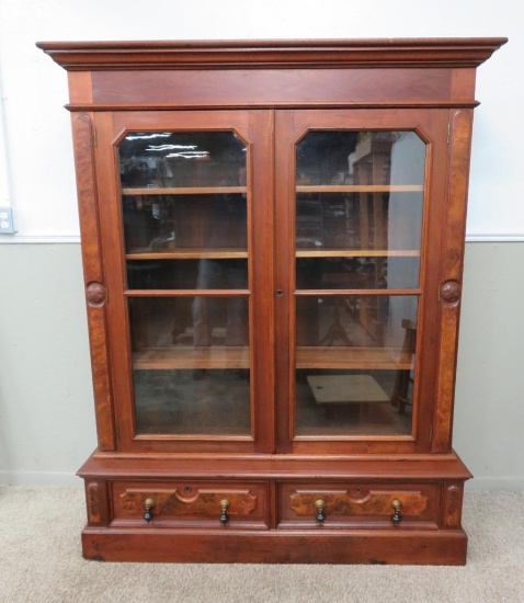 Lovely Walnut two door cabinet, glass doors, inlay burl, and medallions, 73" tall