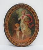 HD Beach Co Coshocton #1 tin, oval, cherub and lady, 16 1/2