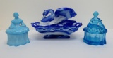 Three figural covered dishes, two woman trinket boxes and Westmoreland swan