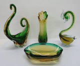 Four pieces of Venetian Viking style glass, vases, bird and dish