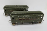 Two Pre War Lionel train cars, Pullman and Observation, olive green, 11