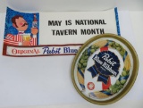 Pabst Blue Ribbon oval beer tray and advertising banner